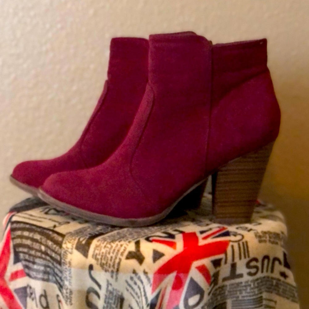 Women's Burgundy Suede Ankle Booties with Stacked Heel